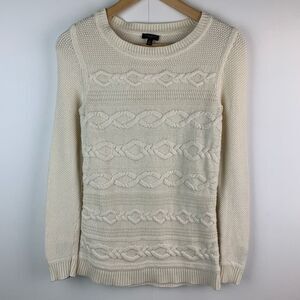 Talbots ivory horizontal cable knit sweater button sleeve detail casual Petite